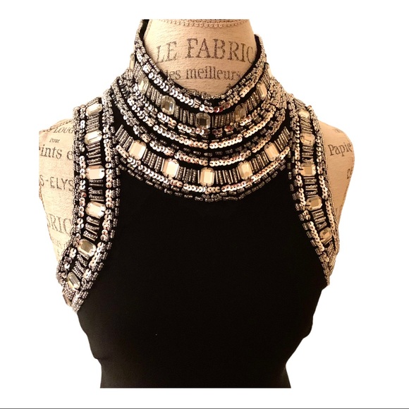 Aqua Black Mock Neck Beaded Sleeveless Gown Size 6 - Picture 6 of 16